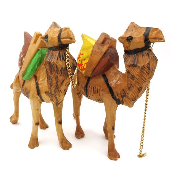 Pair of Hand Carved Wooden Camels 6” Folk Art Painted Figures Vintage Boho Decor - Picture 2 of 11